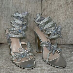 Elegant Silver Strappy Heels with Rhinestone Detailing